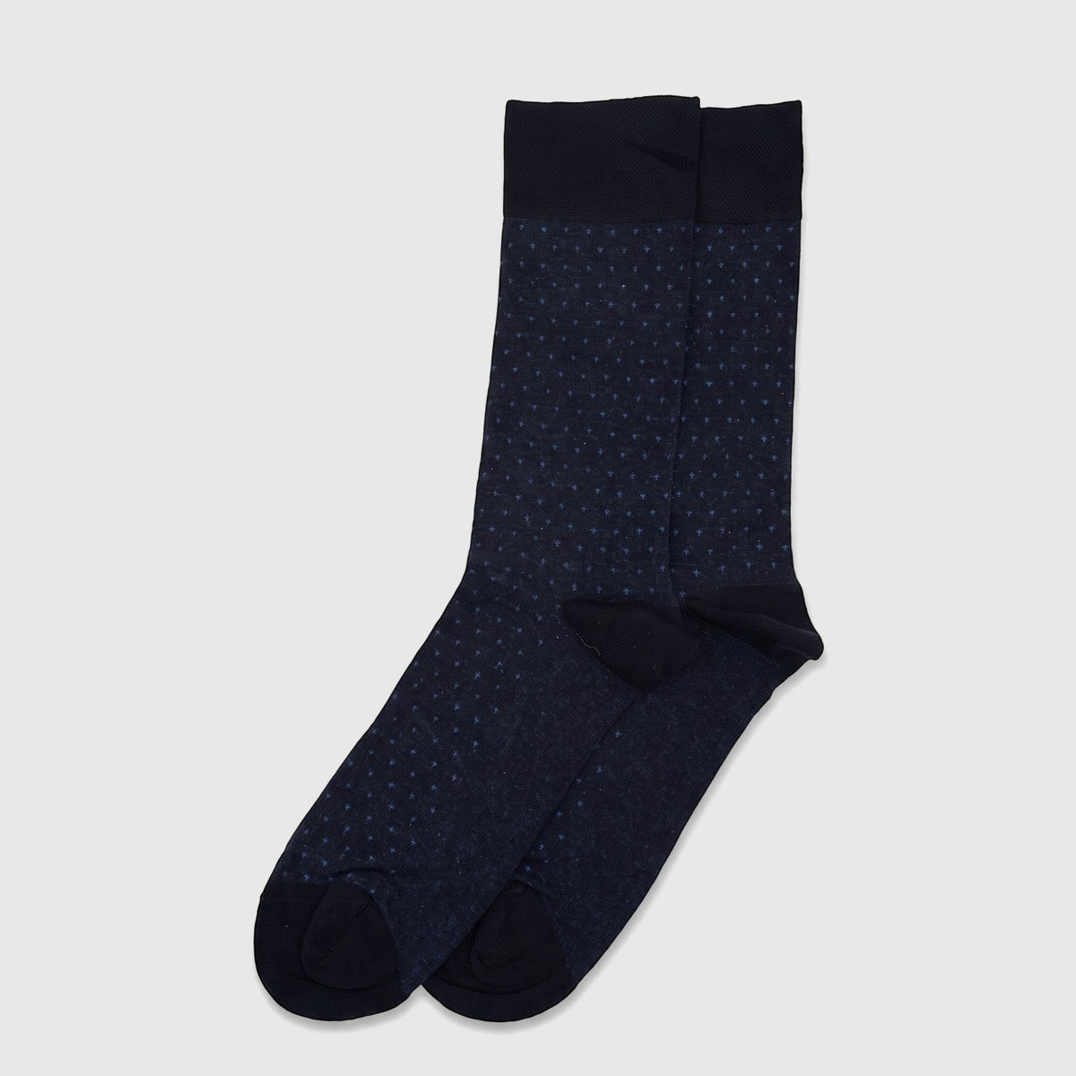 Pair of men's navy blue bamboo socks with subtle pattern, displayed flat against a white surface.