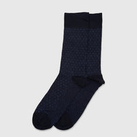 Pair of men's navy blue bamboo socks with subtle pattern, displayed flat against a white surface.