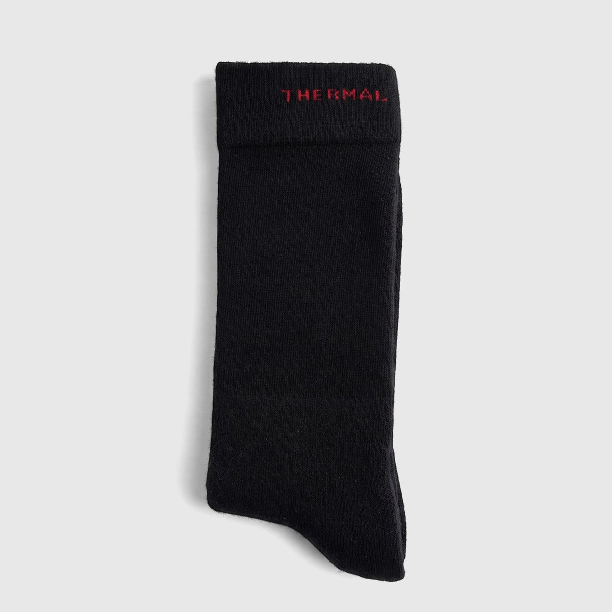 A single black Men's Thermal Sock, made of a warm knit fabric, displayed flat against a plain background.