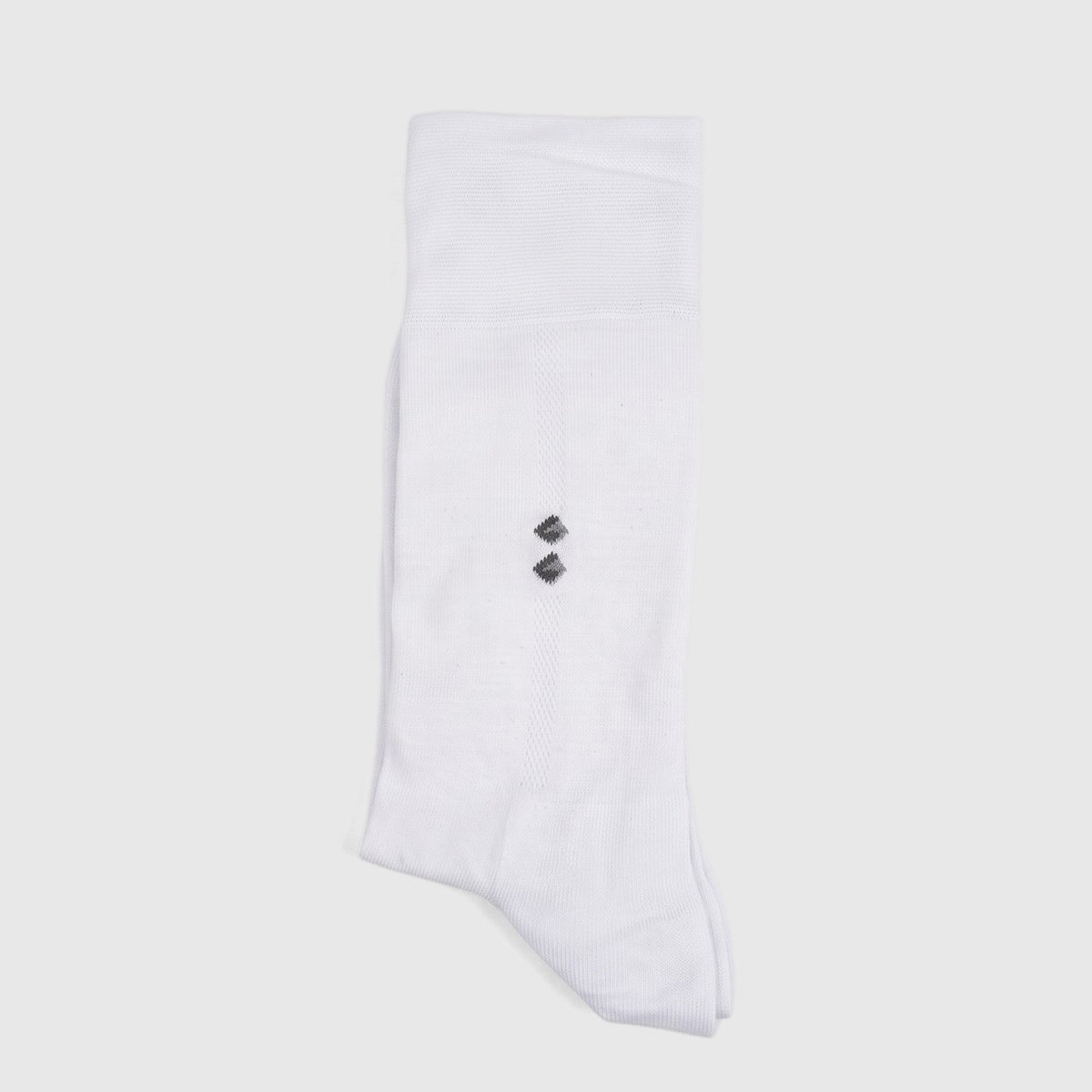 Folded men's white bamboo sock with a ribbed cuff and two dark diamond patterns, shown in a flat-lay view.