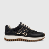 Morbido black leather sneaker with glitter panels, cream laces, and a prominent gold 'M' logo, shown in a side view.