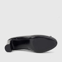 Morbido Ladies Black Leather Dress Court Shoe, featuring the bottom sole with size 38 and a block heel, lying on its side.