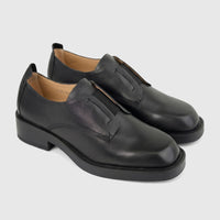 Morbido Ladies black leather lace-up shoes with pebbled texture and a squared toe, angled on a white surface.
