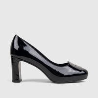 Black patent leather Morbido Ladies Dress Court Shoe BLN25Q-007 with a block heel, shown in a side profile view.