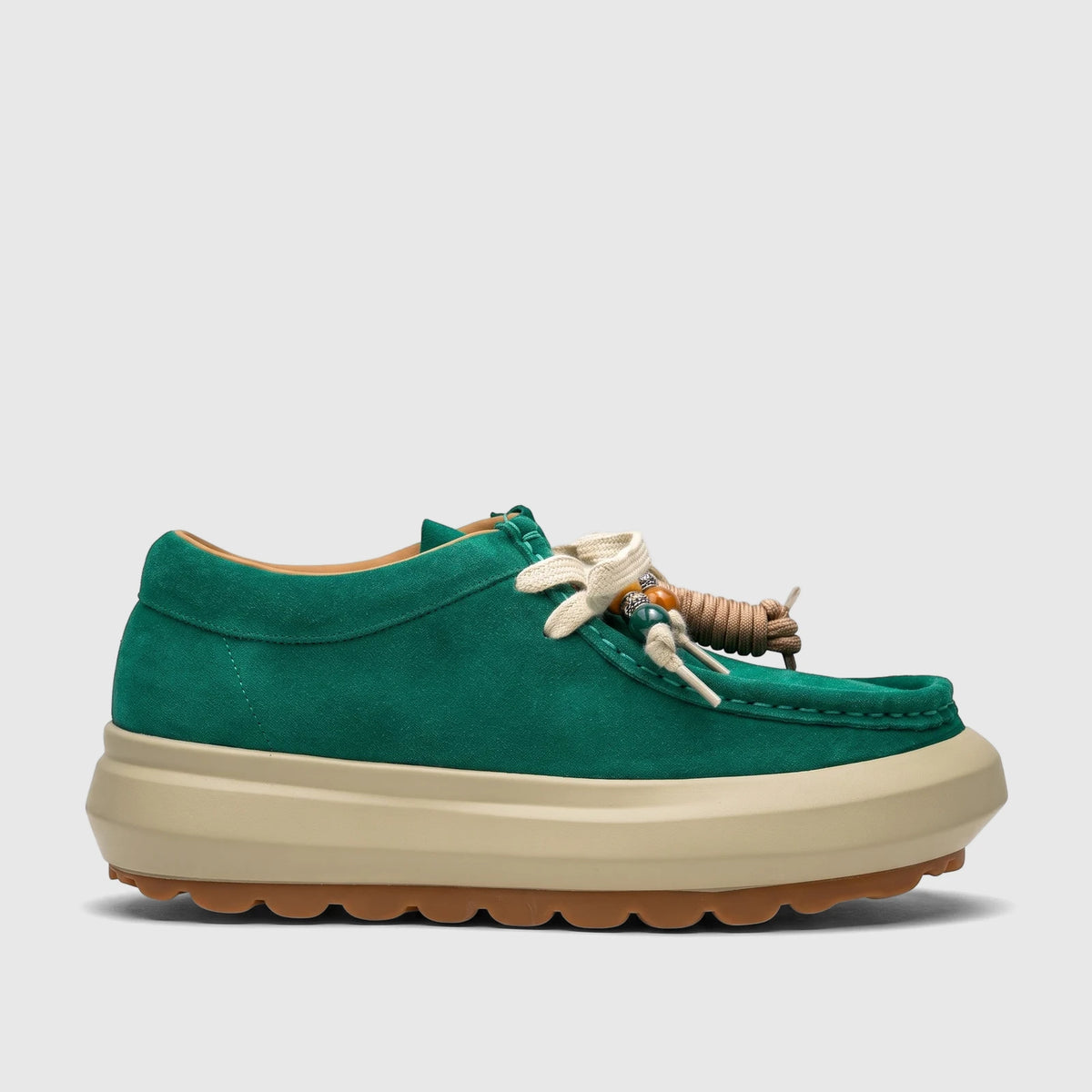 Morbido Ladies Green Suede Leather Sneaker HAS-001, featuring a chunky beige platform sole and unique beaded laces.