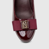 Morbido Ladies Leather Dress Court Shoe BLN25Q-006 in wine red patent leather with a grosgrain bow and gold monogram buckle,