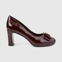 Morbido Ladies Leather Dress Court Shoe in wine red patent leather with a sturdy block heel and elegant bow detail, side