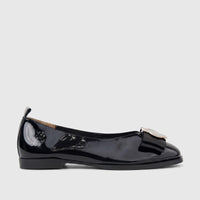 Morbido Ladies Leather Pump BIL-025 in black patent leather with a decorative bow and gold-tone buckle, viewed from the side