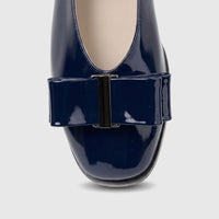 Morbido Ladies Leather Pump BIL-020 in dark blue patent leather, featuring a decorative bow with a metallic detail.