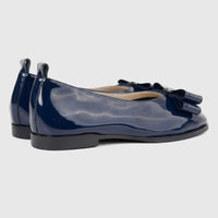 Morbido Ladies Leather Pump BIL-020 in dark blue patent leather, featuring a flat sole and decorative bow, shown from a