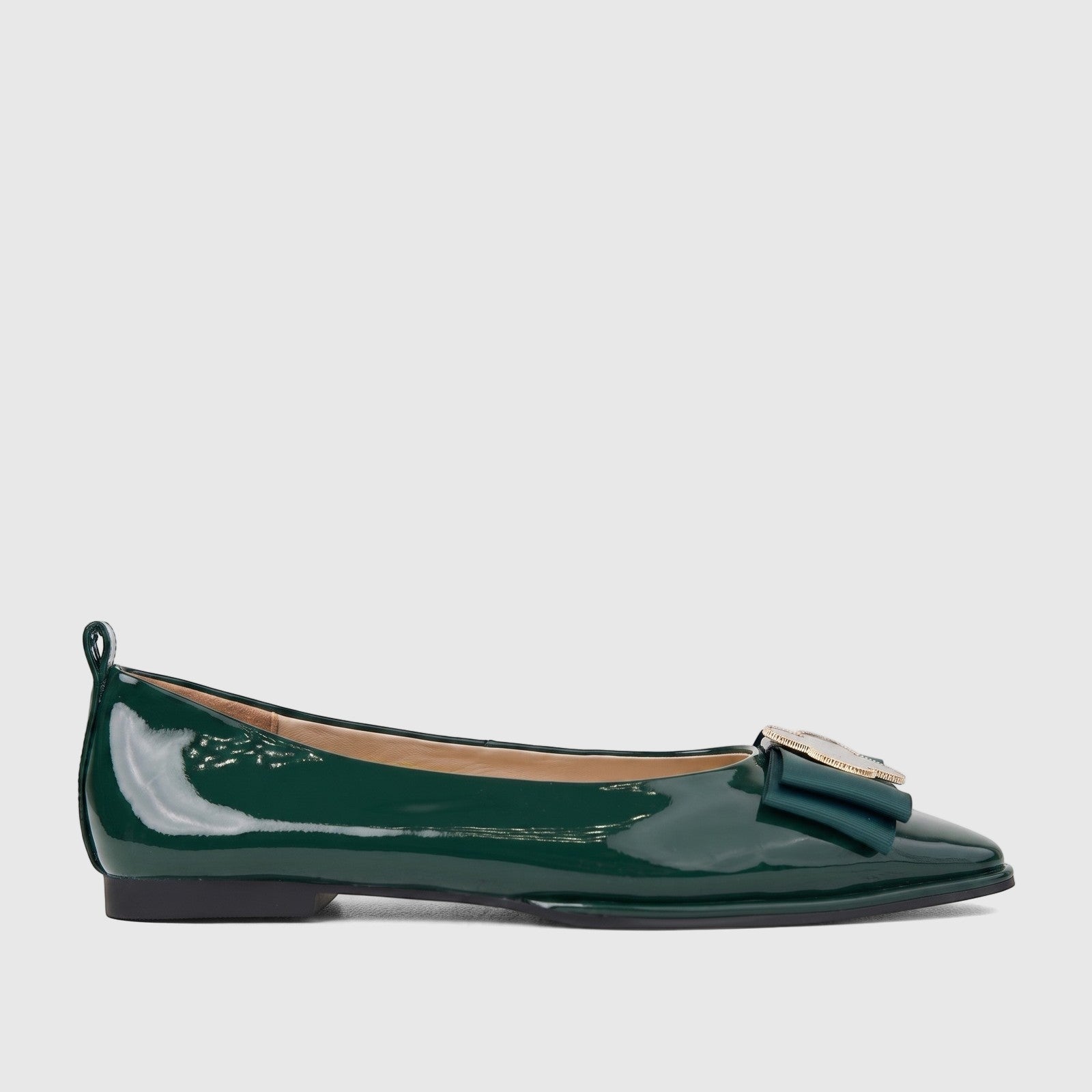 Dark green patent leather Morbido ladies' ballet flats, featuring a decorative buckle and bow on the toe, viewed from the