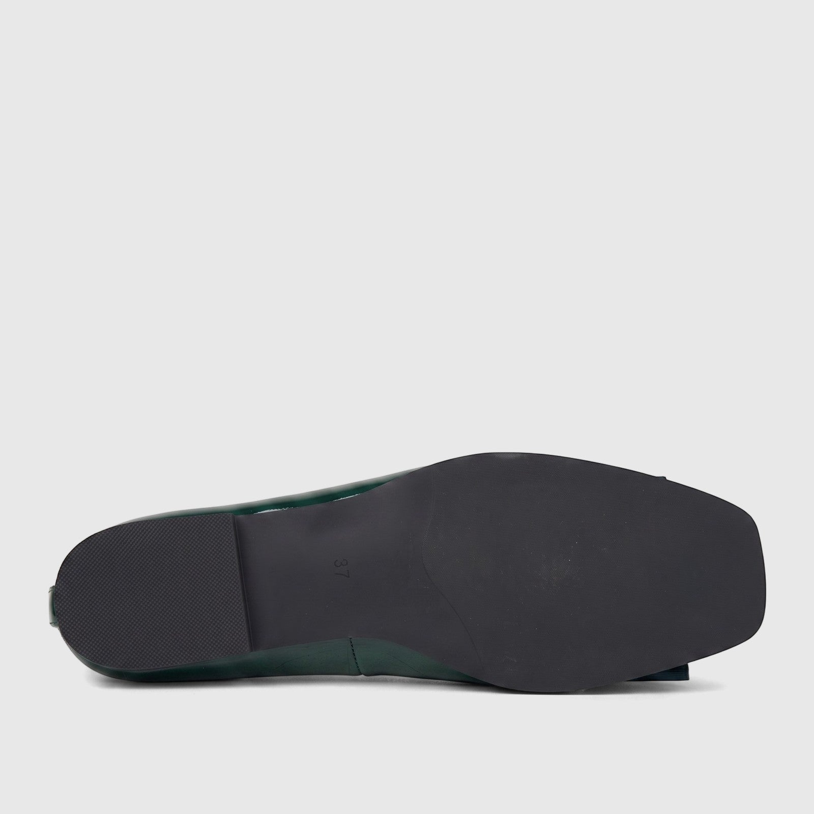 Dark green patent leather women's pump, shown from the bottom view displaying the black rubber sole and heel.
