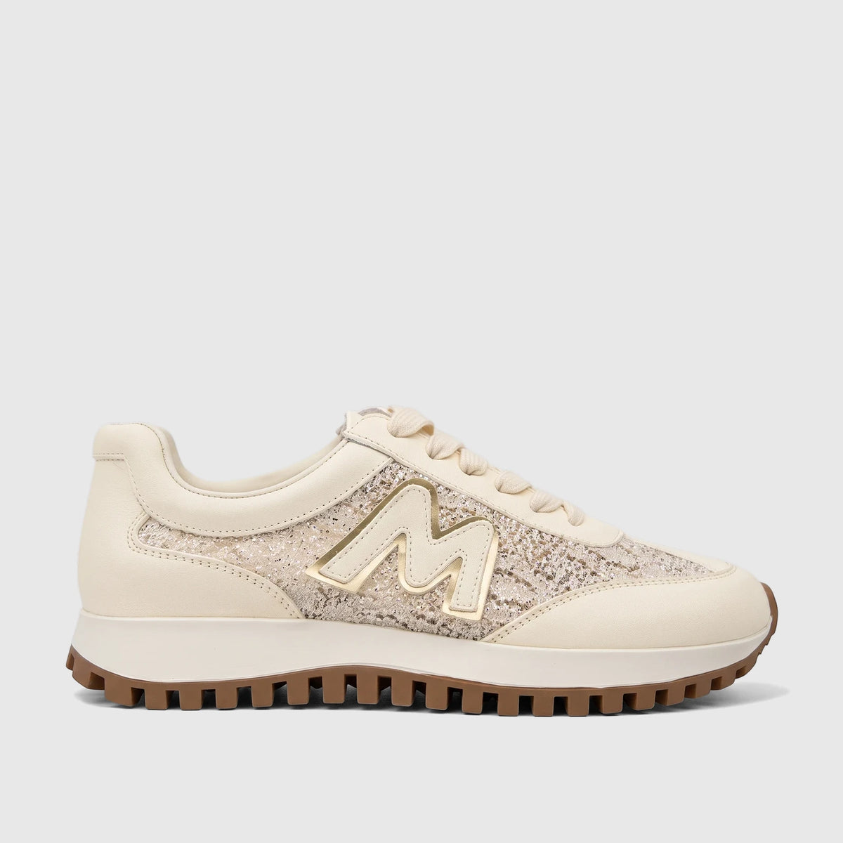 Morbido Ladies Leather Sneaker in beige with glitter panels, gold 'M' logo, white midsole, and brown lugged sole.