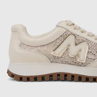 Morbido Ladies Leather Sneaker Beige HAS-004, close-up side view, showcasing beige leather and glitter upper with a gold 'M'