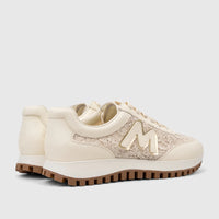 Morbido Ladies Leather Sneaker Beige HAS-004. Pair of beige women's leather sneakers with glitter panels and gold 'M' logo.