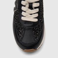 Morbido Ladies Leather Sneaker Black HAS-004, featuring glittery panels and white laces, presented in a close-up front view.