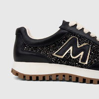 Morbido Ladies Leather Sneaker Black HAS-004 with glitter detail and a white sole, viewed from the side.