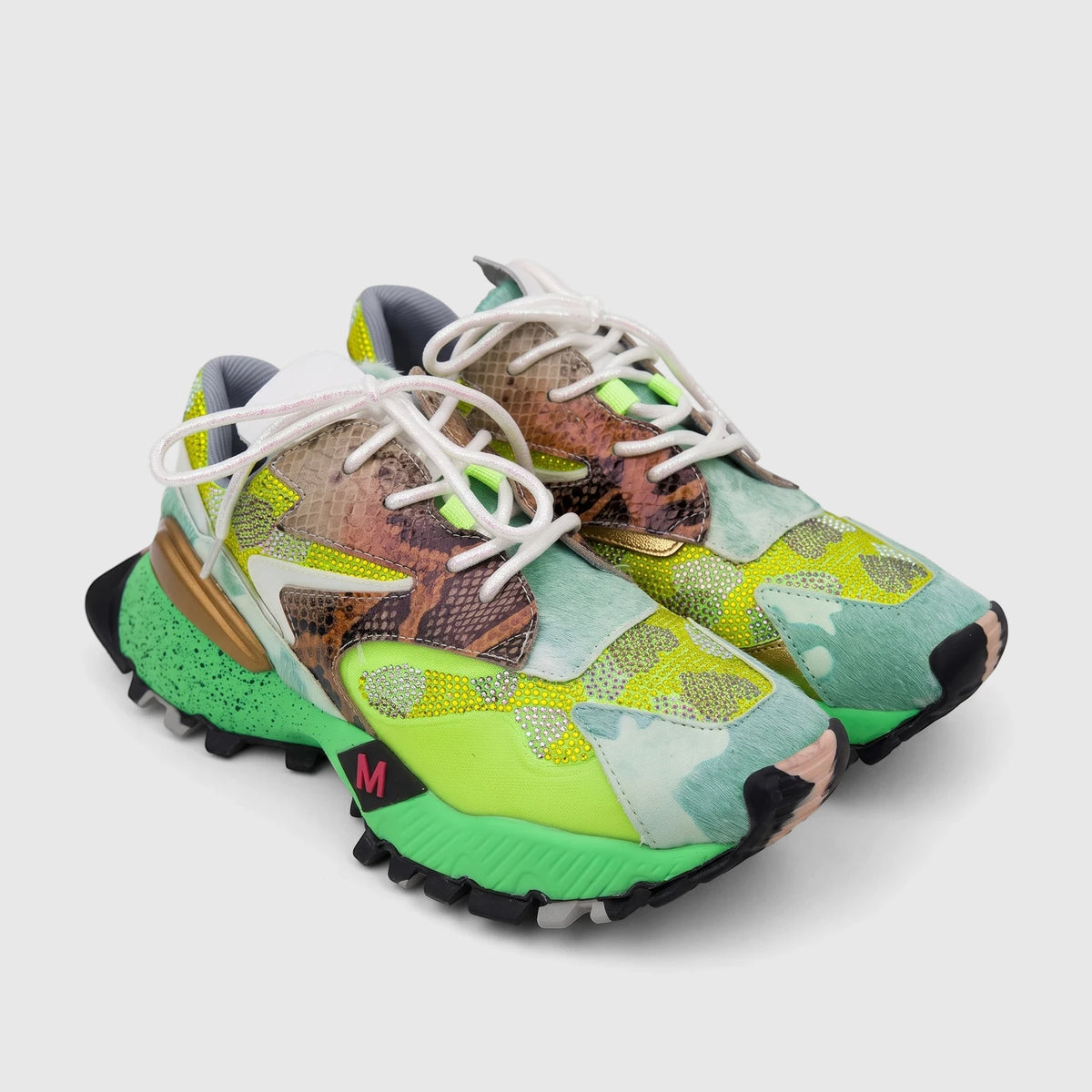 Pair of Morbido Ladies Leather Sneaker Green Multi 2 HAS-003, featuring snake print, sparkling accents, and chunky green
