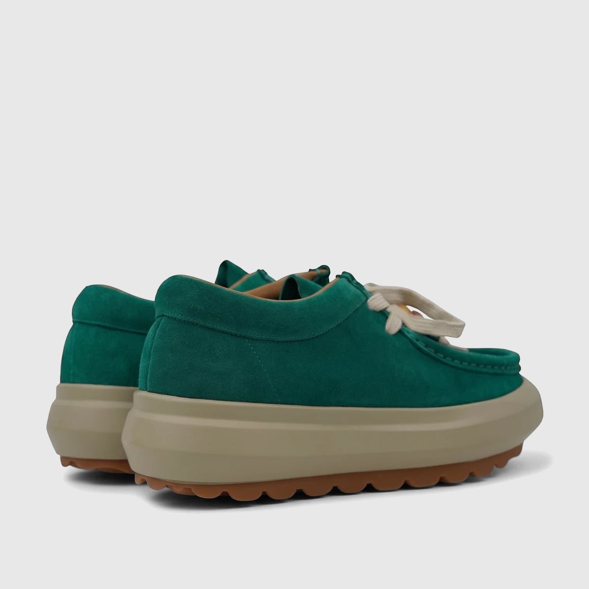 Morbido Ladies Leather Sneaker HAS-001 in green suede with chunky beige platform soles and cream laces, shown from a
