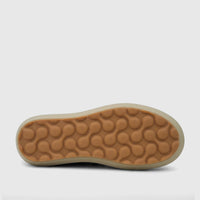 Bottom view of a Morbido Ladies Leather Sneaker Orange HAS-001, showcasing its unique patterned tan sole and light beige