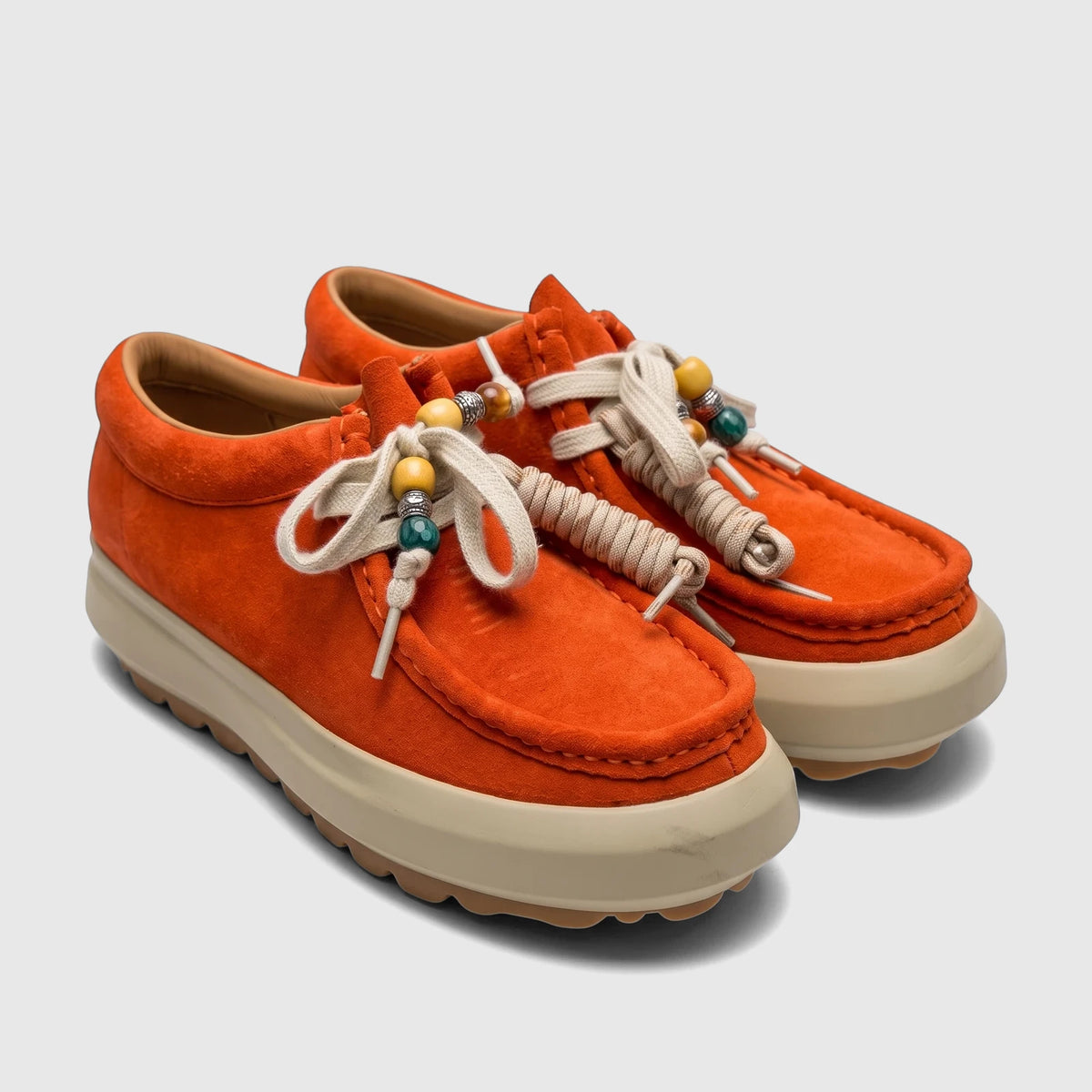 Morbido Ladies Leather Sneaker HAS-001 in vibrant orange suede with light beige platform soles and decorative beaded laces.
