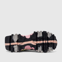 Bottom view of a Morbido Ladies Leather Sneaker in pink, black, and gray multi-color, featuring a chunky lug sole.