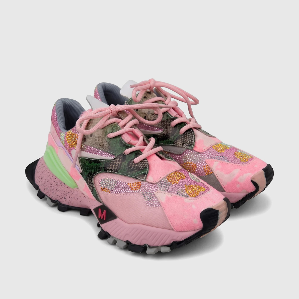 Morbido Ladies Leather Sneakers, Pink Combo Multi 1 HAS-003, featuring rhinestone embellishments and a chunky sole.