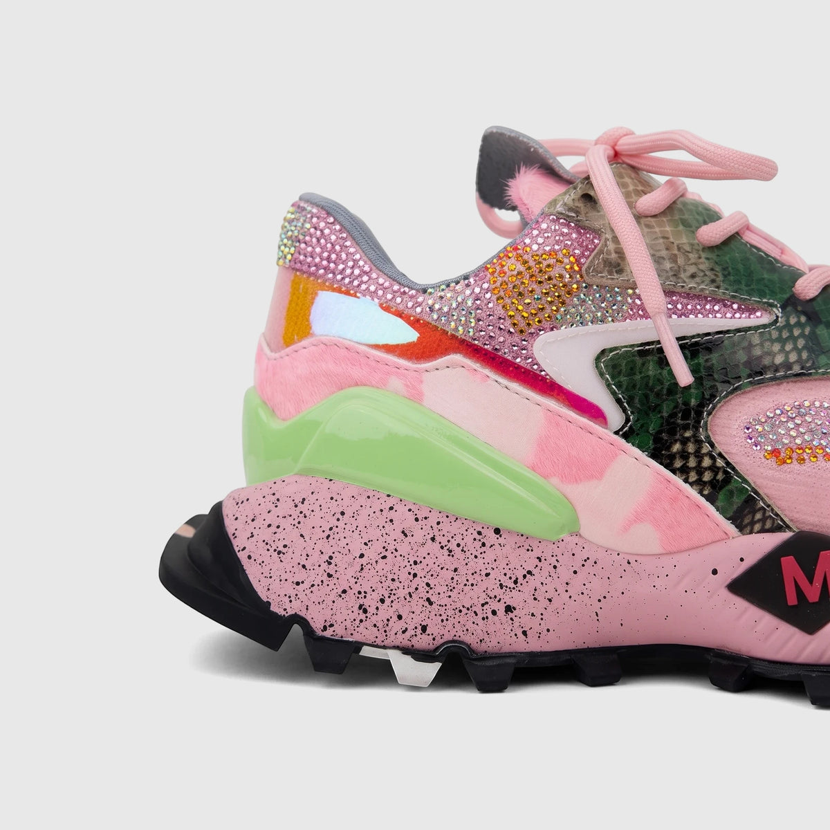 Morbido Ladies Leather Sneaker Pink Combo Multi 1 HAS-003 with pink and multi-colored details, rhinestones, snakeskin, and