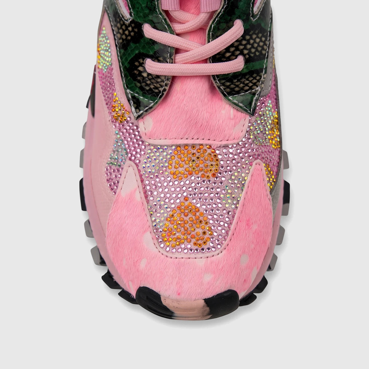 Morbido Ladies Leather Sneaker in vibrant pink combo multi, adorned with fur, green snakeskin accents, and sparkling