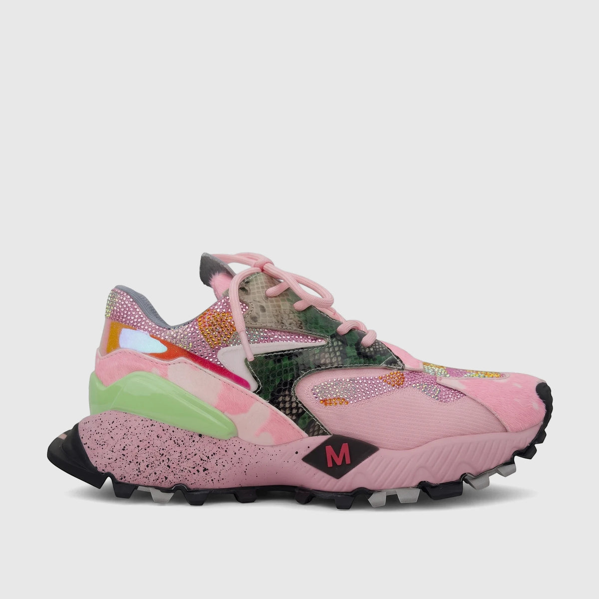 Morbido Ladies Leather Sneaker in pink combo multi, with glitter, snake print, and a unique textured sole, side view.