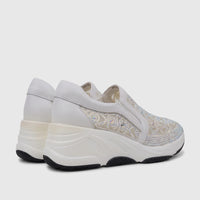 Morbido Ladies Leather Sneaker White HAS-002, adorned with sparkling rhinestones and a thick platform sole, rear quarter