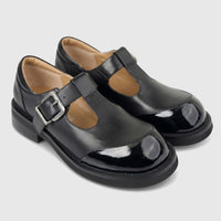 A pair of Morbido Ladies Leather T-Bar Chunky Sole shoes in black, featuring a glossy patent leather toe cap and silver