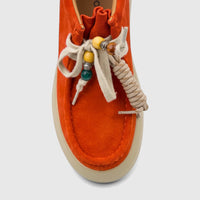Morbido Ladies Leather Sneaker in vibrant orange suede with decorative beaded cream laces and a moccasin-style toe, shown in