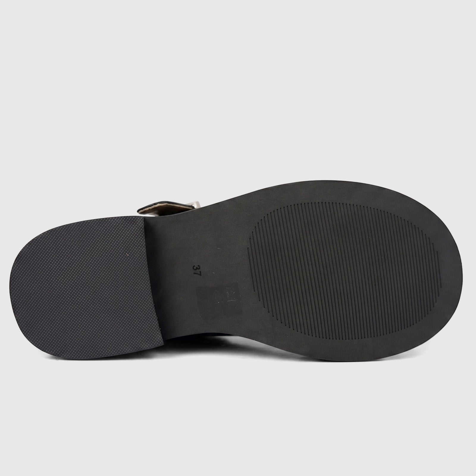 Morbido Ladies Leather T-Bar Chunky Sole Shoe, sole view, black, size 37, with detailed tread pattern.
