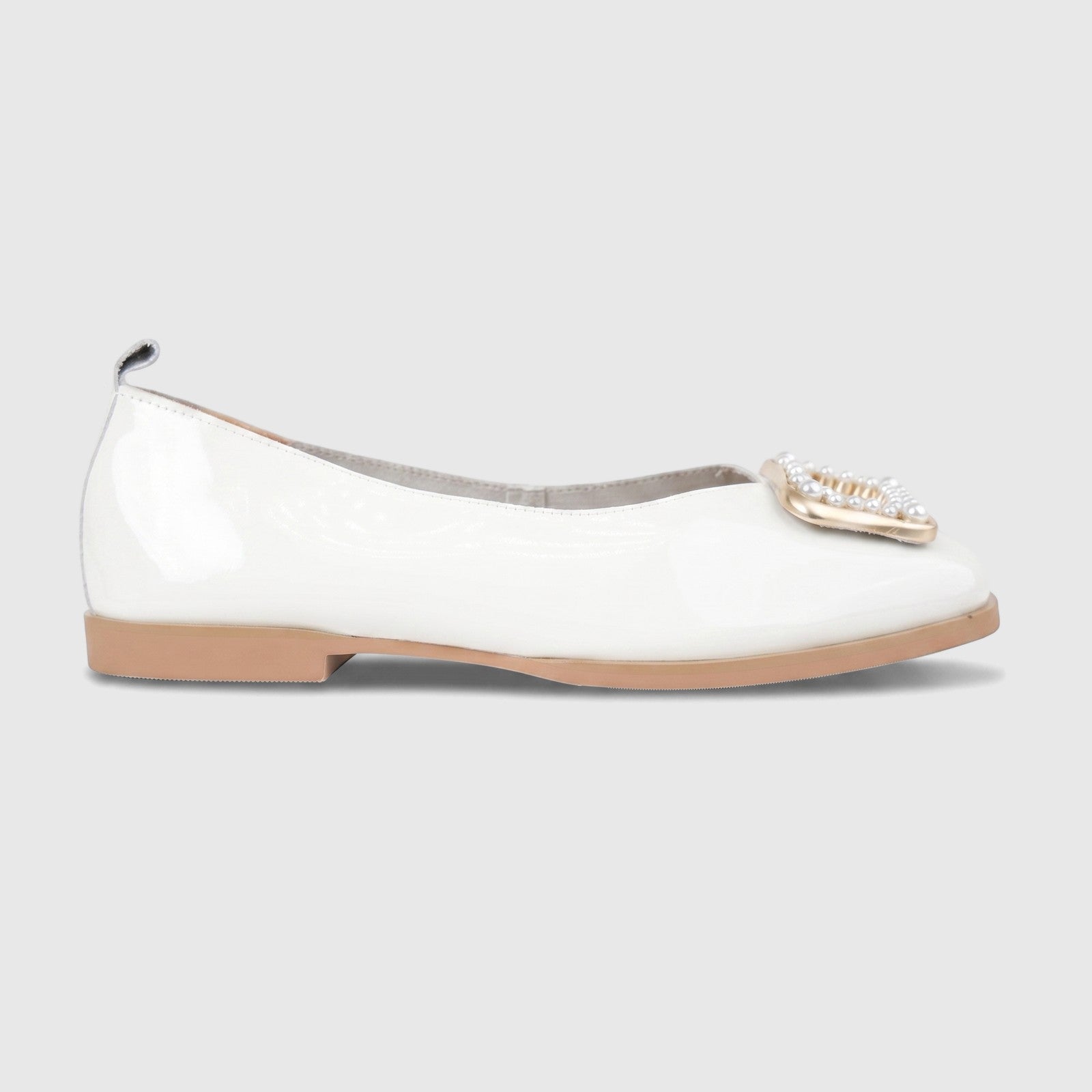 Morbido Ladies white patent leather ballet flats with a pearl-embellished gold buckle, viewed from the side.
