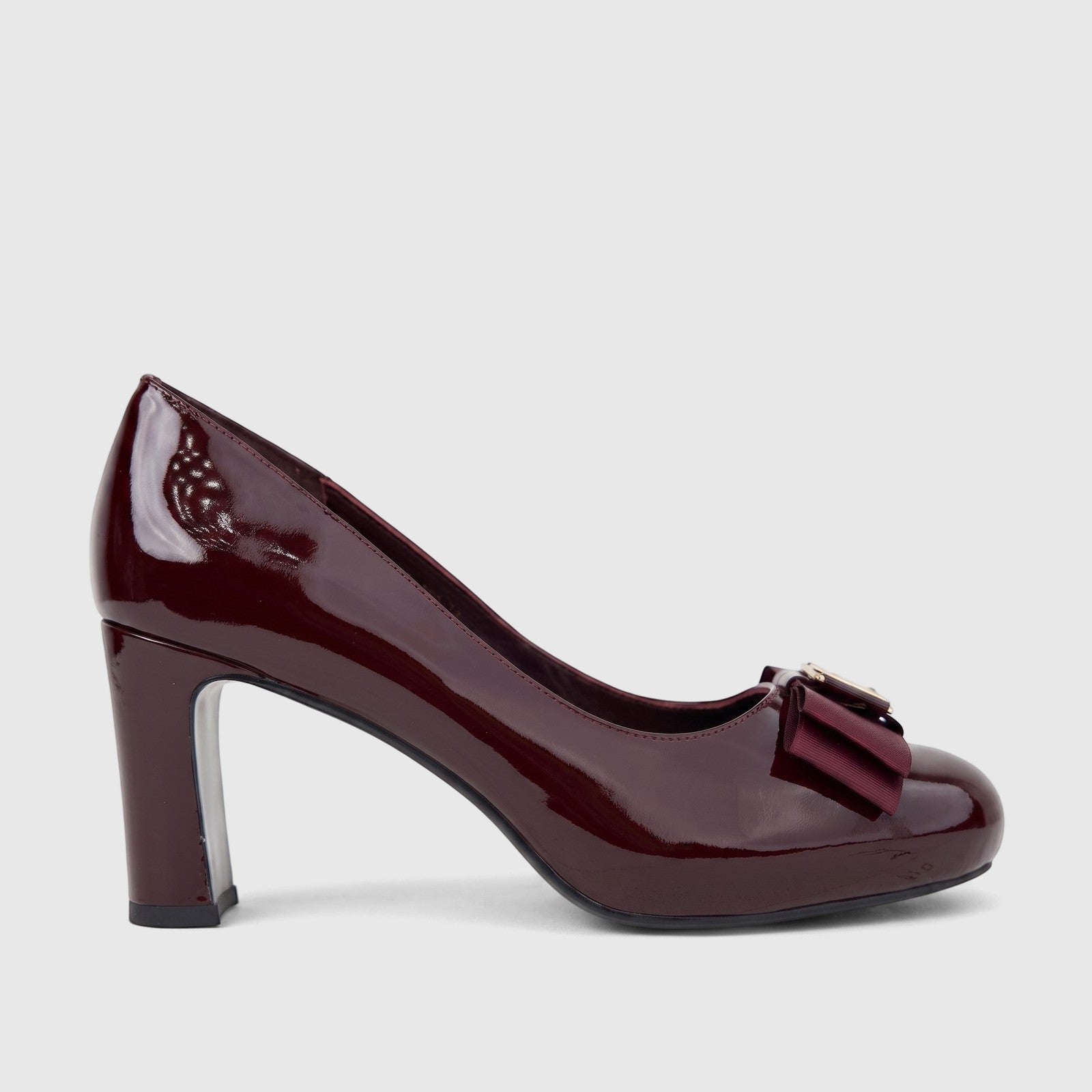 Morbido Ladies Wine Red Leather Dress Court Shoe with Block Heel and Decorative Bow on Toe, side view.