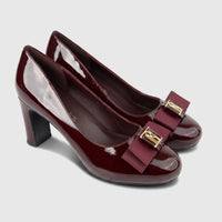 Morbido Ladies Wine Red patent leather dress court shoes with block heels and decorative bows.