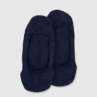 Pair of navy bamboo invisible socks for women, shown in a flat-lay. These low-cut socks offer a discreet, no-show fit.