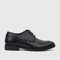 Black PC Boys dress lace-up shoe in a smooth finish, with a low heel, viewed from the side.