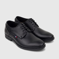 A pair of black PC Boys lace-up dress shoes in textured leather, showing the top and side from an elevated angle.