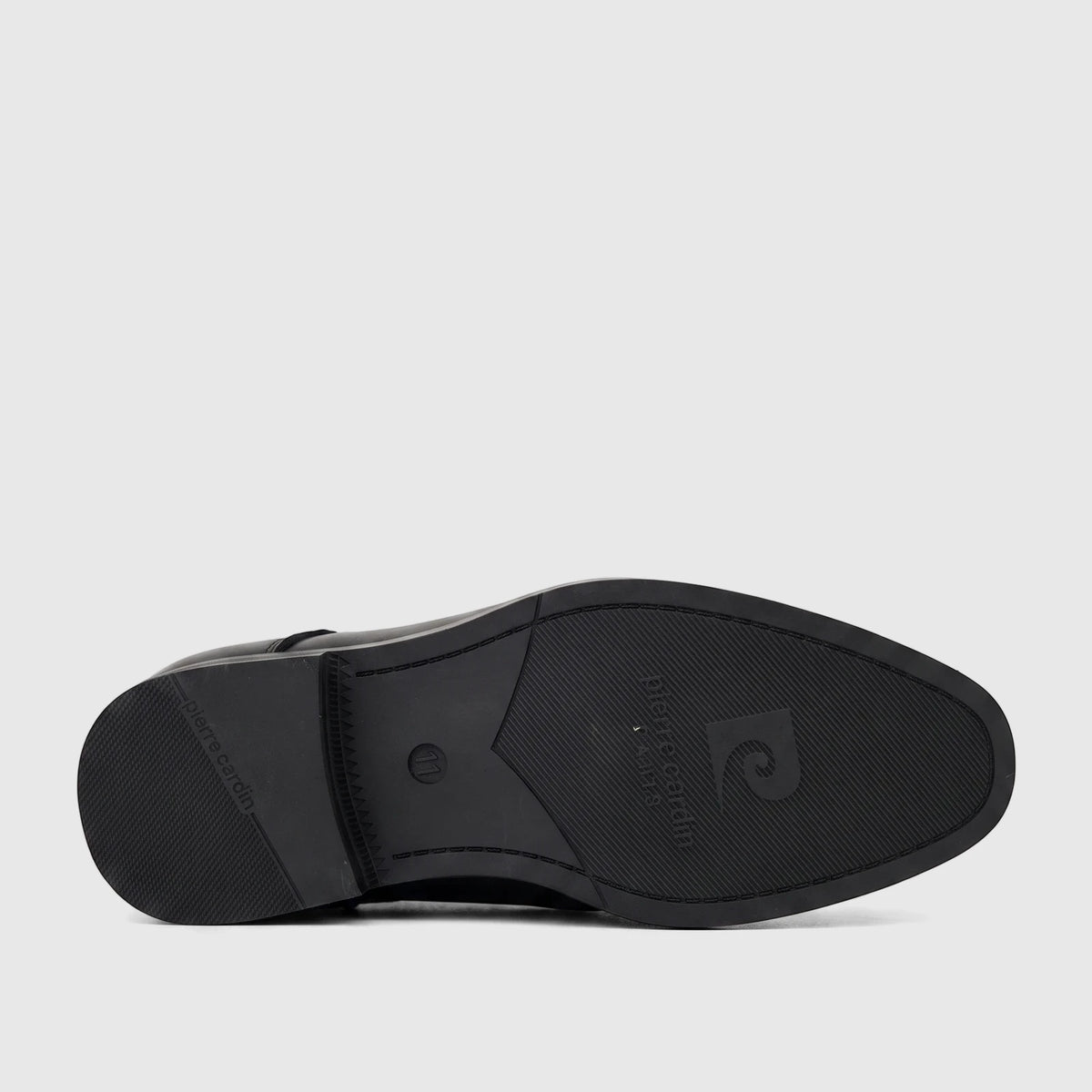 PC Boys Black Dress Lace Up shoes, featuring a detailed view of the textured rubber sole with prominent Pierre Cardin