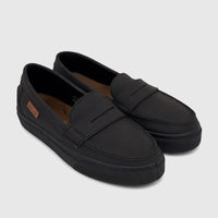 Pair of black casual slip-on shoes for youth, featuring a loafer-style design and smooth matte finish, angled view.