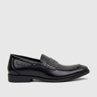 Black leather slip-on dress loafer shoe for boys, featuring a classic penny strap design and subtle branding on the side.