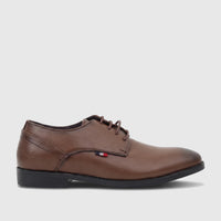 Brown leather lace-up dress shoe for boys from the PC Boys Youth collection, shown in a side profile view.