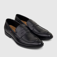 Black PC Boys Youth dress slip-on loafers, made of smooth material, displayed as a pair from a slightly elevated side view.