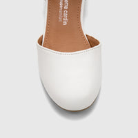 White PC Girls dress heel shoe in a close-up front view, featuring a smooth, matte finish and soft stitching details.