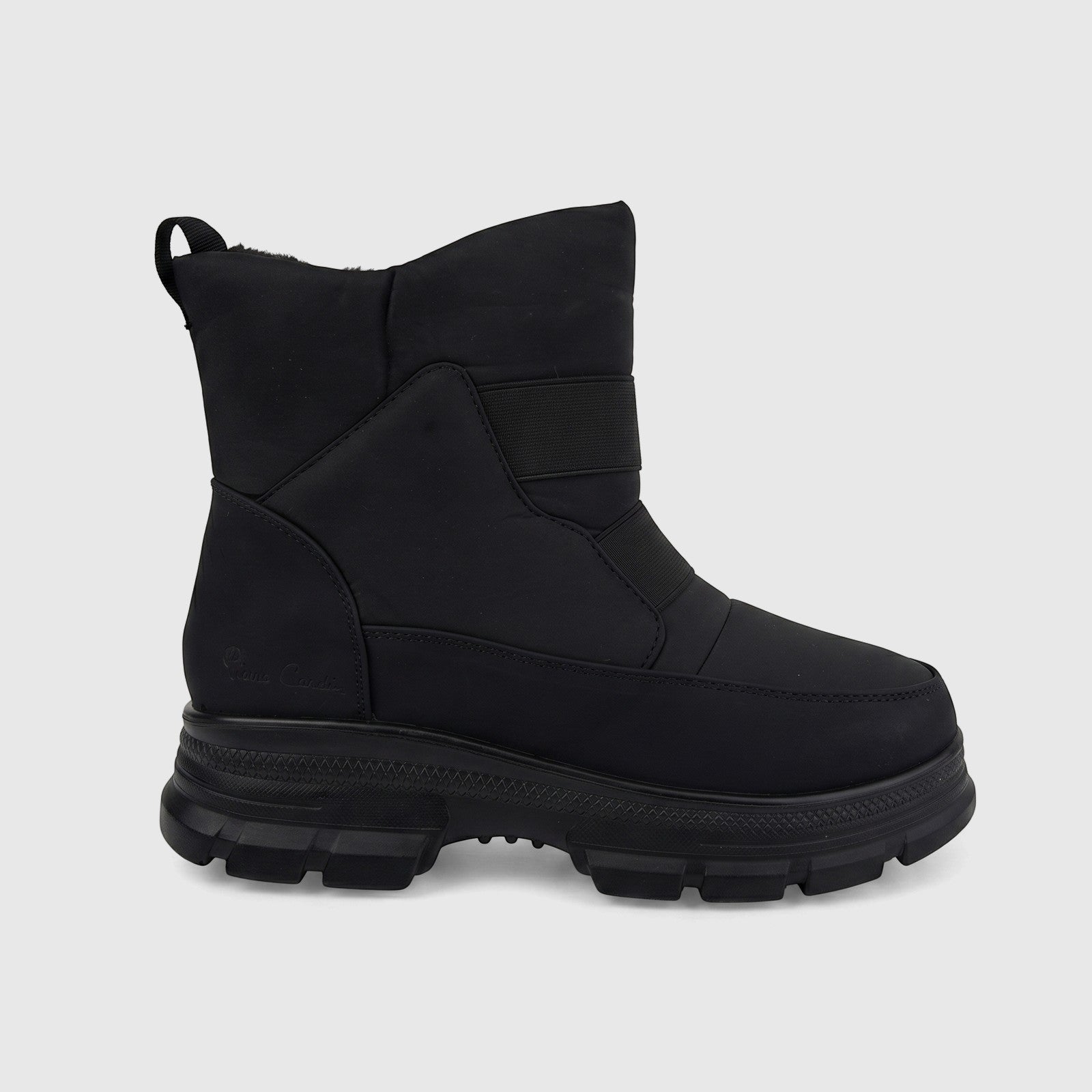 Black PC Ladies Casual Ankle Boot PCL10878 with a rugged lug sole and back pull tab, shown in a side view.