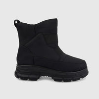 Black PC Ladies Casual Ankle Boot PCL10878 with a rugged lug sole and back pull tab, shown in a side view.