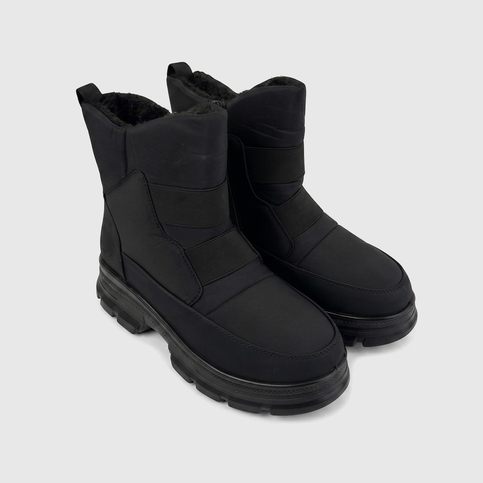 Pair of black PC Ladies Casual Ankle Boots PCL10878, featuring a durable textile upper, warm fur lining, and chunky lug