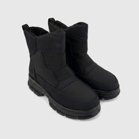 Pair of black PC Ladies Casual Ankle Boots PCL10878, featuring a durable textile upper, warm fur lining, and chunky lug
